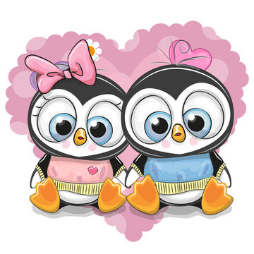 Two Cartoon Penguins on a background of heart