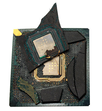 Broken microchip in BGA plastic case, isolated on white background