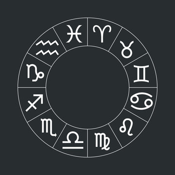 Vector Graphics Astrology Set On Black Background. A Simple Geometric Representation Of The Zodiac Signs For Horoscope, Line Art Illustration