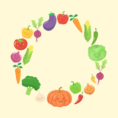 Vegetables Set Circle Frame Greeting Card.
Cute Face Cartoon Vector Illustration. Garlic, Eggplant, Bell Pepper Paprika, Carrot, Corn, Beetroot, Cabbage, Tomato, Pumpkin, Onion, Chili, Broccoli