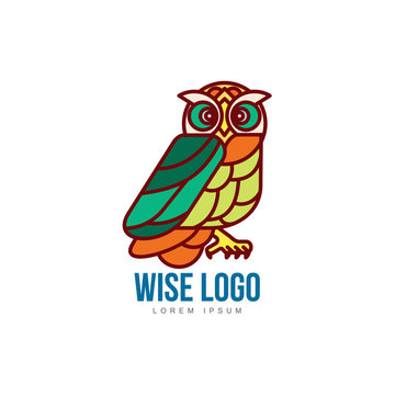 Logo, logotype template with colorful side view owl portrait, vector illustration isolated on white background. Multicolored owl logo, logotype, badge template for companies, schools and colleges