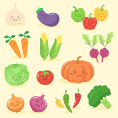 Vegetables Set Cute Face Cartoon Character Vector Illustration. Garlic, Eggplant, Bell Pepper Paprika, Carrot, Corn, Beetroot, Cabbage, Tomato, Pumpkin, Onion, Chili Pepper, Broccoli