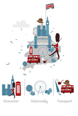 vector flat England map with symbols concept set. Marching beefeater, british phone booth, Tower Bridge and Big Ban Tower of London, gentleman hat, umbrella, smoking pipe, union jack flag icon.