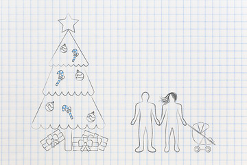 family standing next to decorated Christmas tree