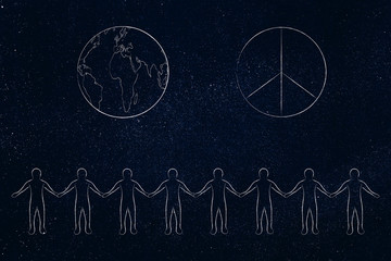 Naklejka premium line of people holding hands and world with peace symbol above them