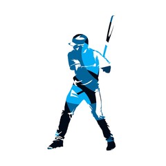 Obraz premium Baseball batter standing with bat in his hands, abstract blue vector silhouette