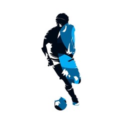 Fototapeta premium Soccer player running with ball, abstract blue vector silhouette