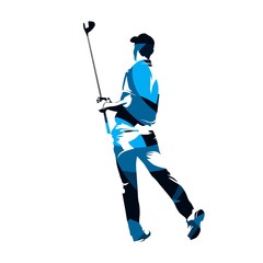 Obraz premium Golf player standing and holding driver in his hands. Abstract blue vector silhouette