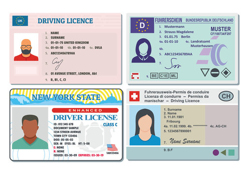 Car driver license with photo vehicle identity banner horizontal concept set. Flat illustration of 4 Car driver license with photo vehicle identity vector banner horizontal concepts for web