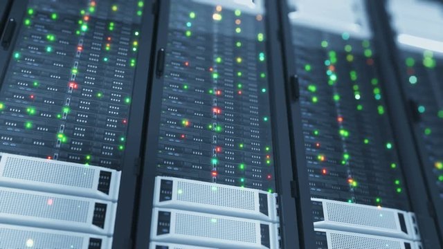Beautiful Close-up Servers in Modern Data Center. Heavy 3d Rendering. Cloud Computing Data Storage. Looped 3d animation. 4k UHD 3840x2160.