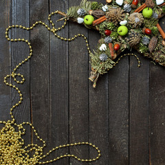 background spruce composition on wooden background with