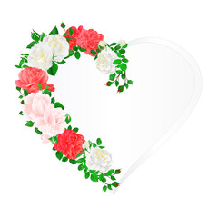 Floral  frame heart of pink and white roses  and buds vintage  festive  background vector illustration editable hand draw