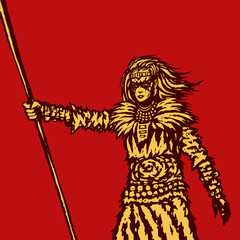 Fototapeta na wymiar Warrior girl is holding a spear ready for battle illustration.