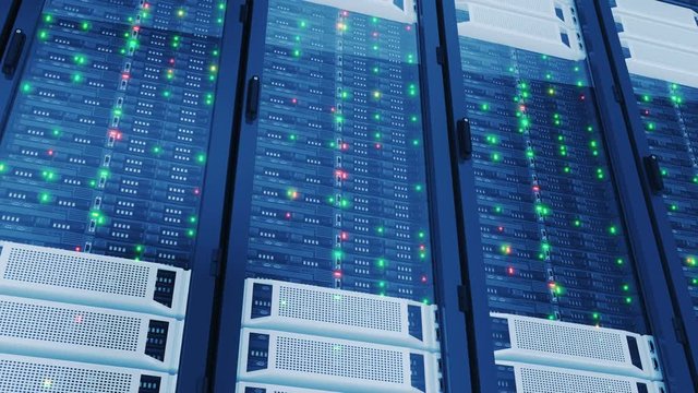 Working Servers in Modern Data Center. Complex Calculations. Cloud Computing Data Storage. Looped 3d animation. 4k Ultra HD 3840x2160.