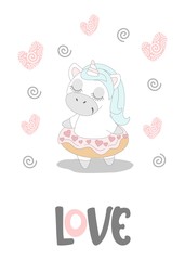 Romantic greeting card Valentines day with a cute unicorn. Elements and text. Vector illustration.