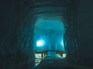 benches inside ice cave in the Langjokull glacier in Iceland