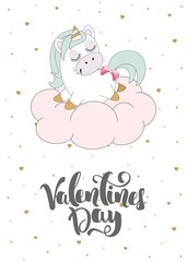 Fototapeta premium Romantic greeting card Valentines day with a cute unicorn. Elements and text. Vector illustration.