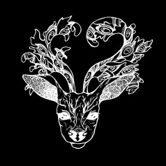 Illustration of a deer with peacock feathers in horns. Black and white vector of decorated deer
