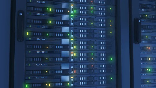 Flashing Lights on Working Servers Close-up in Modern Data Center. Cloud Computing Data Storage. Heavy 3d Rendering. Looped 3d animation. 4k UHD 3840x2160.