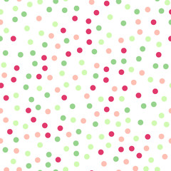 Colorful polka dots seamless pattern on white 20 background. Excellent classic colorful polka dots textile pattern. Seamless scattered confetti fall chaotic decor. Abstract vector illustration.