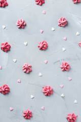 Valentines day holiday love concept with pink meringue and hearts