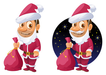 Funny cartoon man in Santa Claus costume. Cartoon styled vector illustration. Against the background of starry sky and isolated on white. Elements is grouped. No transparent objects.
