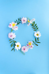 Frame of chamomiles, branches, leaves and lilac petals on blue background. Flat lay, top view