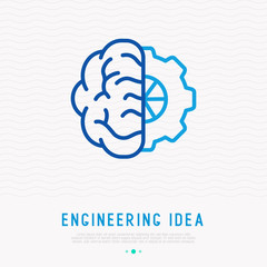 Engineering idea concept: human brain with wheel thin line icon. Modern vector illustration.