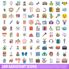 100 assistant icons set, cartoon style 