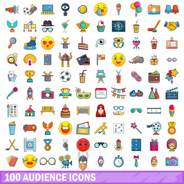 100 audience icons set, cartoon style 