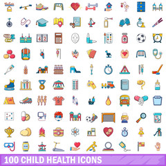 100 child health icons set, cartoon style 