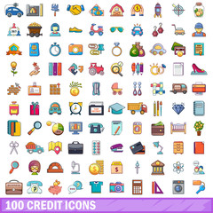 100 credit icons set, cartoon style 