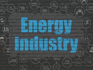 Naklejka premium Manufacuring concept: Painted blue text Energy Industry on Black Brick wall background with Scheme Of Hand Drawn Industry Icons