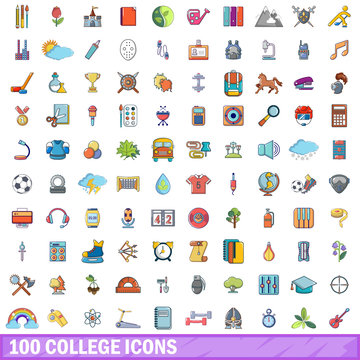100 college icons set, cartoon style 