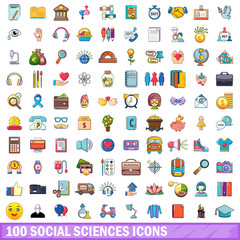 100 social sciences icons set, cartoon style 