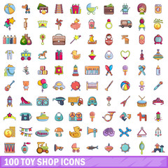 100 toy shop icons set, cartoon style 