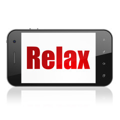 Travel concept: Smartphone with  red text Relax on display,  Tag Cloud background, 3D rendering