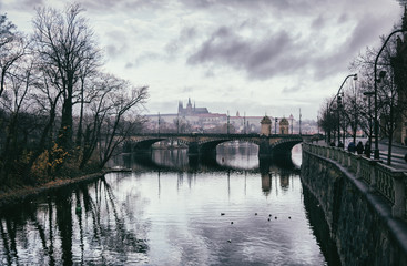 Vue de la Vltava, du pont Charles et de la cathédrale Saint-Guy, Vieille ville (Stare Mesto), Prague, Bohême, République tchèque, Europe