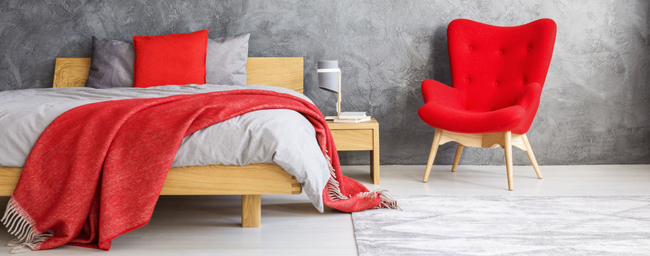 Red Bedroom With Concrete Wall