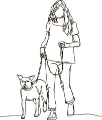 continuous line drawing of woman with dog