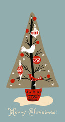 Retro Christmas card. Merry Christmas Landscape. Christmas tree