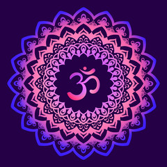 Mandala frame with Om symbol. Hand drawn oriental ornament for greeting card, invitation, coloring book, yoga poster.