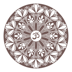 Mandala frame with Om symbol. Hand drawn oriental ornament for greeting card, invitation, yoga poster.