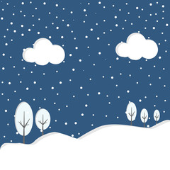 Vector illustration of cardboard paper forest with trees in snow. Winter landscape with trees and clouds. 