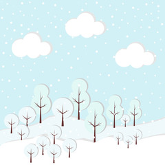 Vector illustration of cardboard paper forest with trees in snow. Winter landscape with trees and clouds. 