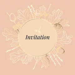 Foto op Plexiglas Hand drawn golden oak leaves ,acorns and oak flower on pink background with circle frame, invitation © momosama