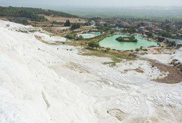 Fototapeta na wymiar View of the Pamukkale, Turkey. Sights of Turkey - white mountains of calcareous deposit.