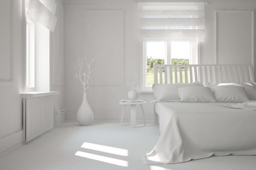 Inspiration of white minimalist  bedroom with summer landscape in window. Scandinavian interior design. 3D illustration