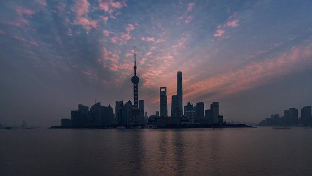Timelapse.Skyscrapers Skyline Sunrise in Waitan Bund,Shanghai,China