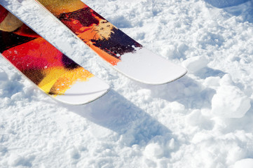 Front noses of a pair of skis on snow on a sunny day